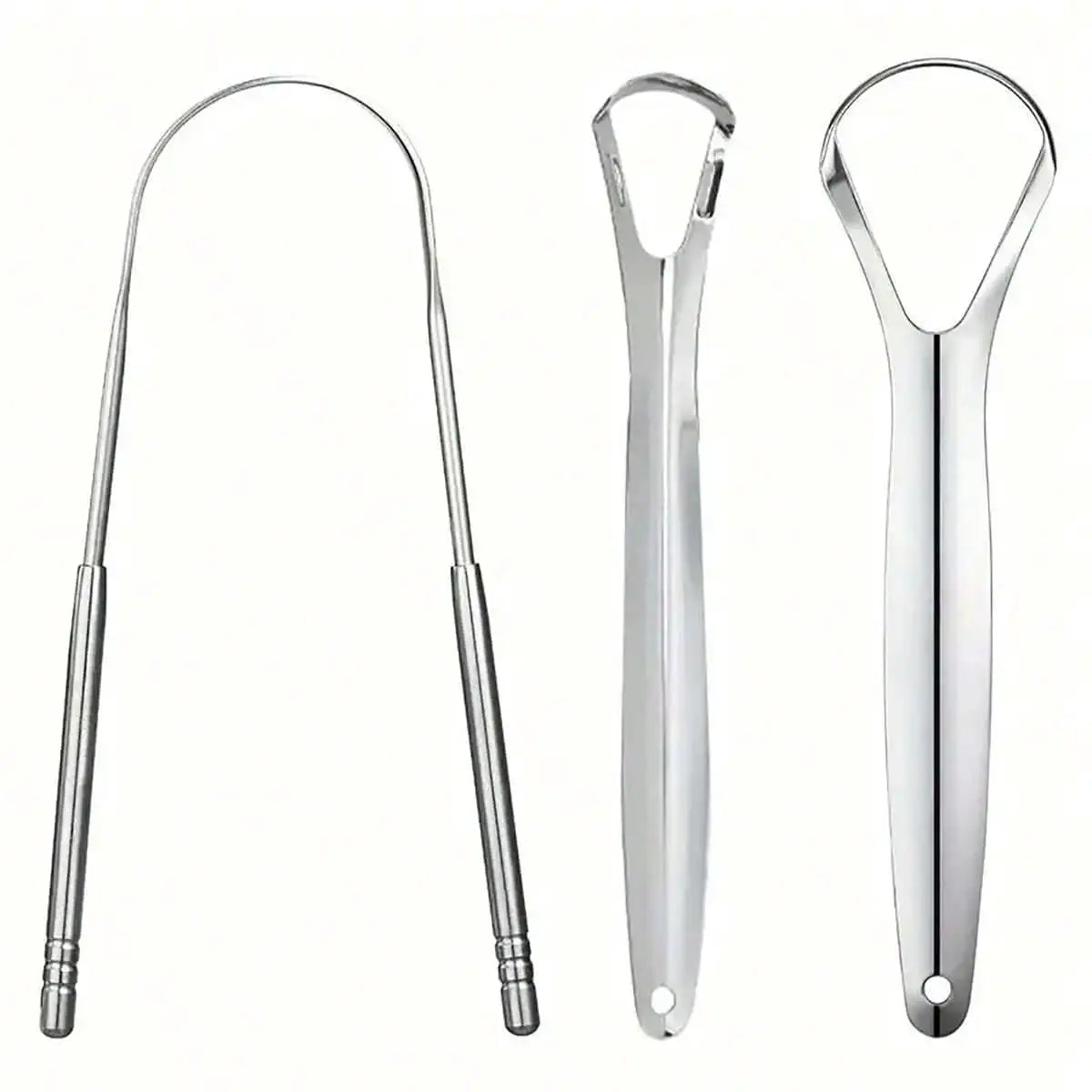 non slip stainless steel tongue scraper in hand
