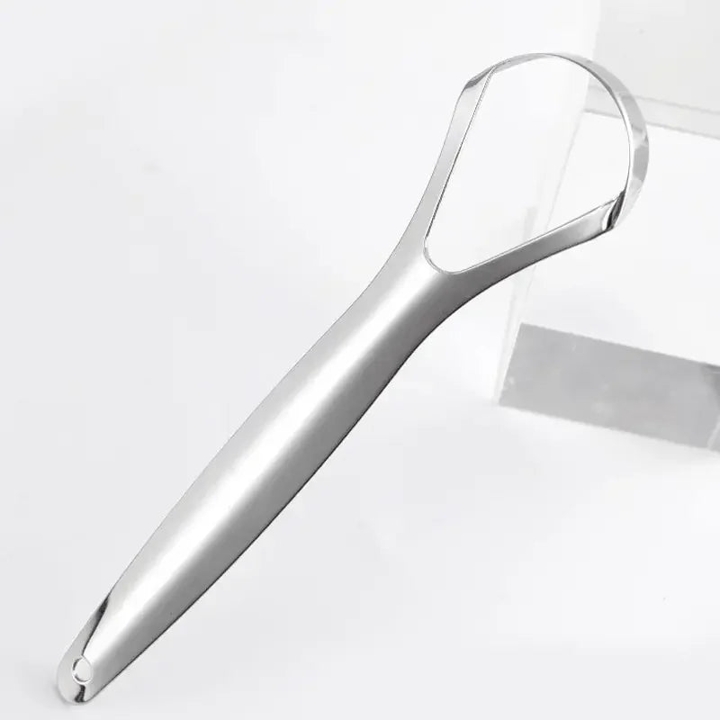 non slip stainless steel tongue scraper in hand