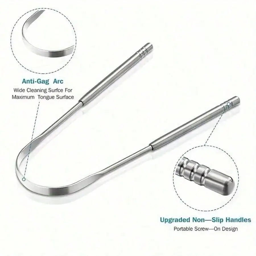 non slip stainless steel tongue scraper in hand