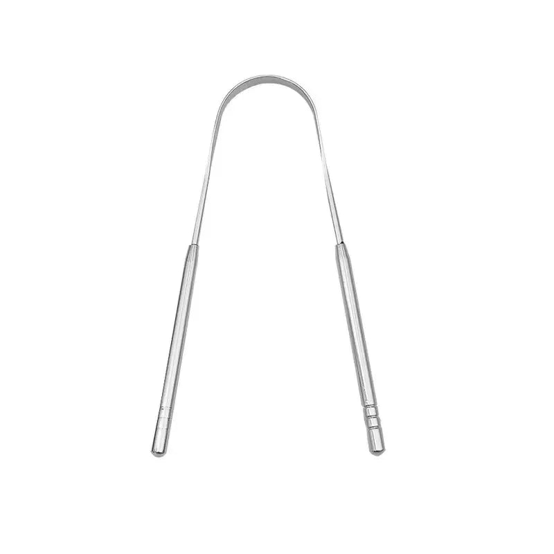 non slip stainless steel tongue scraper in hand