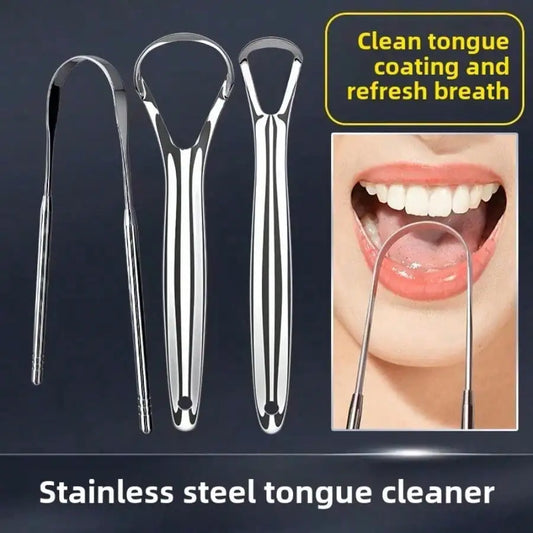 non slip stainless steel tongue scraper in hand
