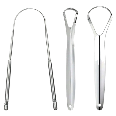 non slip stainless steel tongue scraper in hand
