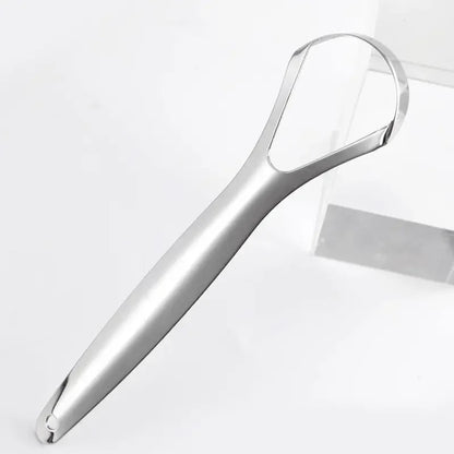 non slip stainless steel tongue scraper in hand